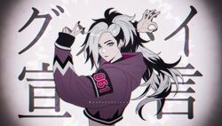  1boy alternate_costume bad_id bad_twitter_id black_hair black_nails blue_eyes crop_top cropped_hoodie earrings eyelashes eyeshadow goodbye_sengen_(vocaloid) grey_eyeshadow hands_up highres hood hood_down hoodie jewelry korean_commentary long_hair long_sleeves makeup male_focus mixed-language_commentary multicolored_hair nail_polish ok_sign piers_(pokemon) pokemon pokemon_swsh pokepokelove purple_hoodie sleeves_past_wrists solo two-tone_hair v white_hair 