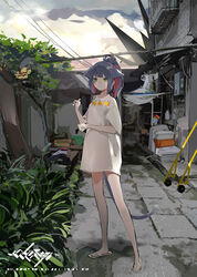  absurdres animal_ears arknights bare_legs blue_hair building bush cat_ears cat_girl cat_tail closed_mouth cloud cloudy_sky colored_inner_hair commentary_request day extra_ears female full_body green_eyes hand_up highres holding holding_spoon jessica_(arknights) light_smile looking_at_viewer multicolored_hair originium_(arknights) outdoors ponytail red_hair sandals shinnasuka025 shirt short_sleeves sky solo spoon standing tail white_shirt 