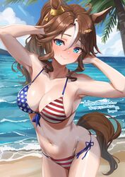  ahoge american_flag american_flag_bikini american_flag_print animal_ears armpits ayamo_kaoru beach bikini blue_eyes blush breasts brown_hair cleavage cloud collarbone commission cowboy_shot dog_hair_ornament ear_ornament female flag_print hair_between_eyes hair_ornament halterneck hands_up highres horse_ears horse_girl horse_tail long_hair medium_breasts mejiro_palmer_(umamusume) multicolored_hair navel ocean outdoors palm_tree pompompurin print_bikini sanrio shore side-tie_bikini_bottom skeb_commission sky solo streaked_hair string_bikini swimsuit tail tree umamusume white_hair 