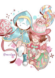  1boy :d boots bow bowtie brown_hair candy collarbone commentary_request dress emuru_(mushroom379) female food frilled_sleeves frills glasses hat helena_adams helena_adams_(pink_cake) highres holding holding_food hood hood_up identity_v lollipop mask official_alternate_costume open_mouth oversized_food oversized_object pink-framed_eyewear pink_dress pink_eyes pink_headwear puffy_short_sleeves puffy_sleeves robbie_(identity_v) robbie_(wail)_(identity_v) short_hair short_sleeves shorts signature simple_background smile striped_bow striped_bowtie striped_clothes swirl_lollipop twitter_username 