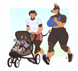  anthro avoid_posting baby baby_carriage big_breasts blue_eyes bottomwear bra breasts brown_eyes canid canine canis clothing compression_shorts countershading daniel_porter daniel_porter_jr. digit_ring dobermann domestic_dog exercise father_(lore) father_and_child_(lore) father_and_son_(lore) female group hi_res huge_breasts husband_and_wife jewelry jogging larger_female male male/female mammal married_couple mother_(lore) mother_and_child_(lore) mother_and_son_(lore) muscular muscular_female nasusbot parent_(lore) parent_and_child_(lore) parent_and_son_(lore) pinscher ring running_shoes shirt shorts size_difference smile son_(lore) sports_bra stroller t-shirt topwear tracy_porter underwear wave wedding_ring young 