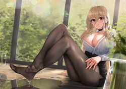  absurdres alternate_costume azur_lane black_choker black_skirt blonde_hair blurry blurry_background blurry_foreground blush breasts brown_pantyhose choker closed_mouth collarbone commentary_request depth_of_field dutch_angle eyelashes feet female fine_fabric_emphasis foreshortening full_body glasses hair_between_eyes highres implacable_(azur_lane) implacable_(shepherd_of_the_&quot;lost&quot;)_(azur_lane) indoors knees_up large_breasts legs lens_flare long_legs long_sleeves miniskirt nail_polish no_shoes office_lady official_alternate_costume orange_eyes pantyhose partially_unbuttoned pencil_skirt plant potted_plant shiny_clothes shirt sidelocks sitting skirt soles solo spill spread_toes thighs toes turboflower water wet wet_clothes wet_shirt white_shirt window wooden_floor 