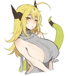  :t ahoge blonde_hair blush breasts closed_mouth commentary english_commentary female green_eyes grey_sweater horns huge_breasts lamia looking_at_viewer meme_attire monster_girl original pout ribbed_sweater sleeveless sleeveless_sweater snek_(terupancake) solo sweater terupancake twitter_username v_arms virgin_killer_sweater 