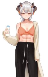  abs absurdres arknights binware black_pants bottle breasts cleavage closed_mouth collarbone commentary dragon_horns drawstring feet_out_of_frame female frown grey_hair highres holding holding_bottle horns long_hair long_sleeves looking_at_viewer medium_breasts midriff milk orange_eyes orange_sports_bra pants ponytail robe saria_(arknights) simple_background sleeves_past_wrists solo sports_bra sweatpants white_background 