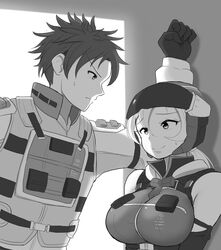  1boy armor breasts earth_defense_force elbow_gloves female gloves greyscale helmet kabedon large_breasts maku_ro military military_uniform monochrome no_headwear ranger_(edf) sweatdrop uniform wing_diver 