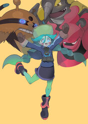  :d absurdres alternate_color arms_up black_footwear black_skirt blue_eyes blue_jacket blush_stickers boots braid bright_pupils brown_mittens commentary_request electivire eyelashes female fur_hat glowing glowing_eyes green_hair green_headwear green_legwear hair_between_eyes hat highres hiro_(user_negm3832) jacket leg_up long_hair long_sleeves magmortar mittens open_mouth pantyhose pokemon pokemon_(creature) pokemon_legends:_arceus rhyperior sabi_(pokemon) shiny_pokemon skirt smile standing standing_on_one_leg teeth tongue twin_braids twintails upper_teeth_only 