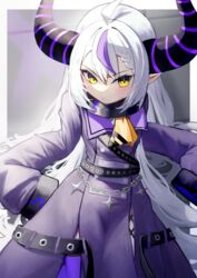  ahoge ascot belt border chains closed_mouth commentary_request cowboy_shot demon_girl demon_horns eyelashes female forehead highres hololive horns la+_darknesss la+_darknesss_(1st_costume) long_hair long_sleeves multicolored_hair oukafafafa pointy_ears purple_hair serious shadow sleeves_past_wrists solo streaked_hair two-tone_hair v-shaped_eyebrows virtual_youtuber white_border white_hair yellow_eyes 