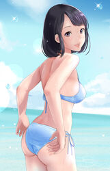  ass back bikini black_eyes black_hair blue_sky cloud commentary cowboy_shot day female horizon iwanishi lips looking_at_viewer looking_back ocean open_mouth original outdoors short_hair side-tie_bikini_bottom sky smile solo swimsuit teeth upper_teeth_only water white_bikini 