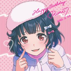  absurdres bang_dream! beret black_hair blush bow character_name chromatic_aberration commentary dated female fingernails fingers_to_cheeks fur_hat hairbow halftone halftone_background hands_up happy_birthday hat heart highres jacket long_sleeves looking_at_viewer nobusawa_osamu open_clothes open_jacket parted_lips pink_background pink_bow pink_shirt purple_jacket red_eyes shirt short_hair smile solo striped striped_background upper_body ushigome_rimi white_bow white_hat 