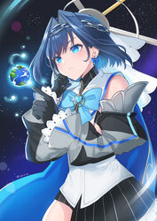  blue_eyes blue_hair bow bow_earrings chain_headband chains clock_hair_ornament clothing_cutout earrings earth_(planet) female giant giantess gloves hair_intakes hair_ornament headband highres hololive hololive_english jewelry kgr ouro_kronii ouro_kronii_(1st_costume) planet ribbon_earrings solo space star_(sky) turtleneck twitter_username underboob_cutout virtual_youtuber 