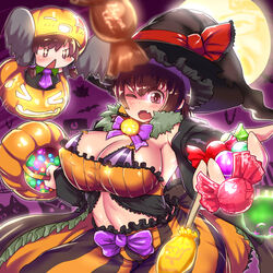  &gt;_&lt; 2girls alternate_costume bandeau basket bat_(animal) benikurage_(cookie) black_dress black_headwear black_skirt black_sleeves blush bow bowtie bra breasts brown_eyes brown_hair candy cleavage clock commentary_request cookie_(touhou) cowboy_shot detached_sleeves dress feline food full_moon grey_sleeves hakurei_reimu halloween hat hat_bow highres holding holding_basket huge_breasts jack-o&#039;-lantern kaibara_elena_(cookie) kanna_(cookie) lollipop long_hair looking_at_viewer mini_person minigirl moon multiple_girls necktie oerba_yun_fang one_eye_closed open_mouth orange_skirt otemoto_(baaaaloooo) pumpkin purple_bow purple_bowtie purple_bra purple_necktie purple_sky red_bow sakenomi_(cookie) shiny_skin skin_fang skirt sky sleeves_past_fingers sleeves_past_wrists smile striped_clothes striped_skirt touhou triangle_mouth underwear uzuki_(cookie) witch_hat wrapped_candy 