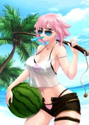  absurdres alchemy_stars alt3r bare_arms bare_shoulders black_shorts blue-tinted_eyewear blue_sky bokken breasts camisole cleavage cloud coconut_tree commentary cowboy_shot crop_top day english_commentary female food fruit highres hiiro_(alchemy_stars) holding holding_sword holding_weapon jewelry large_breasts looking_over_eyewear midriff mouth_hold navel necklace open_fly outdoors over_shoulder palm_tree pink_eyes pink_hair short_hair short_shorts shorts sky solo spaghetti_strap standing stomach strap_slip sunglasses sword thighs tinted_eyewear tree water watermelon weapon weapon_over_shoulder wooden_sword 