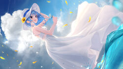  absurdres alternate_costume alternate_hairstyle bare_arms bare_shoulders blue_eyes blue_hair blue_sky breasts cloud cloudy_sky commentary day derivative_work dress dutch_angle earrings female floating_clothes floating_hair flower from_below grey_eyes hair_down hat highres holding hololive hoshimachi_suisei jewelry open_mouth outdoors petals short_hair sky sleeveless sleeveless_dress small_breasts smile solo star_(symbol) star_earrings star_in_eye summer sun_hat sundress sunflower symbol_in_eye takubon virtual_youtuber wading water water_drop white_dress 