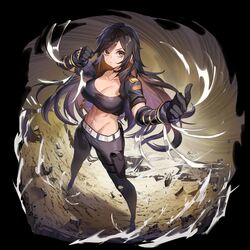  abs absurdres black_hair brass_knuckles breasts choker commission female fighting_stance gendo0032 gloves highres holster large_breasts long_hair muscular muscular_female original sera_(judgemint) smile solo weapon 