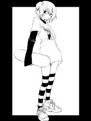  black_border bob_cut border character_print commentary dot_nose female ftktan full_body greyscale highres holding holding_skateboard hunter_x_hunter killua_zoldyck long_sleeves looking_at_viewer monochrome no_pants original outside_border panties shirt shoes side_ponytail skateboard sleeves_past_wrists sneakers solo striped_clothes striped_thighhighs sway_back t-shirt thighhighs underwear white_background 