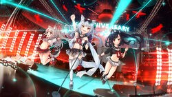  3girls absurdres animal_ear_fluff animal_ears arm_up azur_lane belt black_footwear black_hair black_skirt breasts cat_ears comodomodo cropped_shirt fox_ears frilled_legwear frilled_skirt frills grey_hair highres holding holding_microphone jumping layered_skirt long_hair loose_socks microphone microphone_stand microskirt midriff miniskirt multiple_girls oerba_yun_fang open_mouth orange_eyes paw_pose pleated_skirt red_belt red_eyes red_footwear red_ribbon ribbon shigure_(azur_lane) shirt shoes skin_fang skirt small_breasts socks stage stage_lights tail thighhighs underboob white_hair white_shirt white_skirt white_socks white_thighhighs wolf_tail yukikaze_(azur_lane) yuudachi_(azur_lane) 