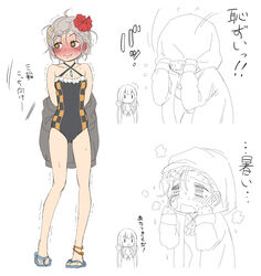  2girls ahoge alternate_costume anklet arms_behind_back ass_visible_through_thighs bikini black_one-piece_swimsuit blue_footwear blush braid casual_one-piece_swimsuit covering_face criss-cross_halter drooling flip-flops flower frilled_one-piece_swimsuit frills full_body grey_hair hair_flower hair_ornament hairclip halterneck hands_up heel_up hibiscus highres hood hood_up jewelry kagura_san long_hair magia_record:_mahou_shoujo_madoka_magica_gaiden mahou_shoujo_madoka_magica messy_hair miwa_mitsune multiple_anklets multiple_girls multiple_views no_mouth notice_lines official_alternate_costume one-piece_swimsuit open_mouth orange_eyes partially_colored red_flower sandals short_hair side_braid sidelocks standing steam sweat swimsuit translated trembling twintails upper_body very_long_hair very_sweaty white_background you2 