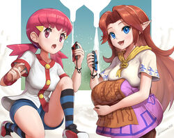  1-2-switch 2girls :3 ascot blue_eyes brown_eyes brown_hair commentary_request cremia crossover dress english_text gonzarez highres joy-con looking_at_viewer milk multiple_girls open_mouth pink_hair pointy_ears pokemon pokemon_gsc shoes short_shorts shorts sneakers socks squatting striped_clothes striped_socks the_legend_of_zelda the_legend_of_zelda:_majora&#039;s_mask twintails udder whitney_(pokemon) 