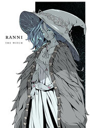  blue_eyes blue_hair character_name cloak colored_skin commentary dress elden_ring english_commentary extra_arms female floozybear fur_cloak grey_hat grey_skin hat highres long_dress long_hair looking_at_viewer one_eye_closed parted_lips ranni_the_witch solo white_dress witch_hat 