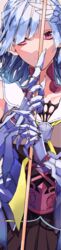  absurdres bare_shoulders breasts brynhildr_(fate) fate/prototype fate/prototype:_fragments_of_blue_and_silver fate_(series) feather_hair_ornament feathers female gauntlets grey_hair hair_ornament hair_over_one_eye highres holding holding_weapon long_hair looking_at_viewer mizuki_(mz) polearm purple_eyes smile solo tall_image very_long_hair weapon 