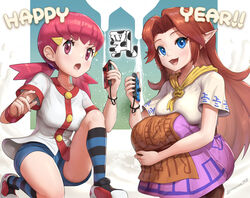  1-2-switch 2girls :3 ascot blue_eyes brown_eyes brown_hair chinese_zodiac commentary_request cremia crossover dress english_text gonzarez happy_new_year highres joy-con looking_at_viewer milk multiple_girls new_year open_mouth pink_hair pointy_ears pokemon pokemon_gsc pun shoes short_shorts shorts sneakers socks squatting striped_clothes striped_socks the_legend_of_zelda the_legend_of_zelda:_majora&#039;s_mask twintails udder whitney_(pokemon) year_of_the_ox 