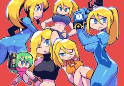  :&lt; abs arm_cannon ass blonde_hair blue_eyes bodysuit breasts commentary crop_top english_commentary female green_hair gun handgun highres holding holding_gun holding_weapon jaggy_lines justin_bailey leotard looking_at_viewer metroid metroid_fusion mole mole_under_mouth multiple_persona navel o3o paralyzer ponytail rariatto_(ganguri) red_background samus_aran serious simple_background smile stomach super_metroid toned weapon zero_suit 