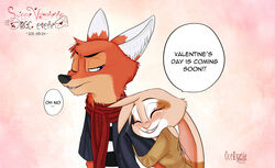  2020 anthro bad_guy_cafe blue_eyes canid canine clothed clothing dialogue duo english_text female fox fur hi_res hug lagomorph leporid male male/female mammal ocerydia ocerydia_zoona orange_body orange_fur rabbit red_scarf scarf simple_background smile tan_body tan_fur teeth text ziegelzeig_zoona 