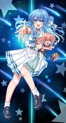  2girls absurdres anemachi blue_eyes blue_hair carrying carrying_person carrying_under_arm chibi colored_inner_hair comet commentary english_commentary hair_between_eyes highres hololive hoshimachi_suisei hoshimachi_suisei_(school_uniform) jacket light_blue_hair looking_at_viewer maroonabyss medium_hair meteor_shower multicolored_hair multiple_girls neckerchief pink_hair pleated_skirt sailor_collar school_uniform serafuku skirt sky smile space star_(sky) star_(symbol) star_in_eye starry_sky symbol_in_eye virtual_youtuber 