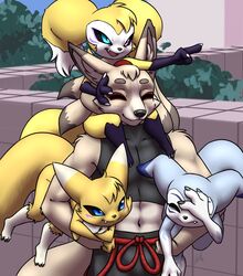  3_fingers anthro bandai_namco bare_shoulders blue_body blue_fur canid canine carrying_another carrying_multiple_partners carrying_person clothed clothing crop_top crossed_arms cute_fangs detailed_background digimon digimon_(species) dipstick_ears ear_markings facepalm facial_markings female fingers fox fur furball garurumon genji gesture group hand_gesture hand_on_face head_markings heterochromia hi_res hybrid impmon inner_ear_fluff jeina_garurimpmon_(character) male male/female mammal markings midriff multicolored_ears navel nude on_shoulders outside plant pointing renamon renimpmon renimpmon_x shirt short_stack shoulder_carry size_difference smaller_female tail tight_clothing topwear tuft walking white_body white_fur yakizu_asaki yellow_body yellow_fur 