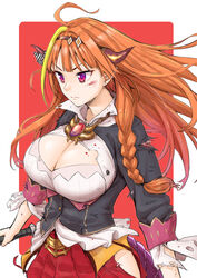  absurdres ahoge baseball_bat blood blood_on_face bow braid breasts bruise bruise_on_face cleavage cleavage_cutout clothing_cutout cowboy_shot diagonal-striped_bow diagonal_stripes dragon_girl dragon_horns dragon_tail female hairband highres hololive horn_bow horn_ornament horns injury jewelry kiryu_coco kiryu_coco_(1st_costume) large_breasts multicolored_hair orange_hair pointy_ears purple_eyes serious solo streaked_hair striped tail takuji_yuusaku torn_clothes v-shaped_eyebrows virtual_youtuber 