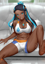  ariverkao bikini black_hair blue_eyes blue_hair breasts dark-skinned_female dark_skin dated earrings female grin hair_bun hoop_earrings jewelry large_breasts long_hair looking_at_viewer multicolored_hair navel nessa_(pokemon) patreon_logo pendant pokemon pokemon_swsh signature single_hair_bun sitting smile solo swimsuit tankini teeth two-tone_hair 