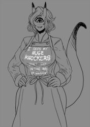  1_eye apron chef_uniform clothing cyclops female gradient_tail hair hi_res hoka horn humanoid long_tail marja-leena meme meme_clothing monochrome ribbons short_hair smile solo tail tailclops_(race) tailclops_(species) 