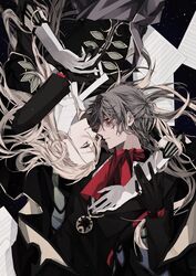  2boys alternate_costume antonio_salieri_(fate) antonio_salieri_(second_ascension)_(fate) aristocratic_clothes arm_around_shoulder ascot bishounen black_suit blonde_hair eye_contact face-to-face fate/grand_order fate_(series) formal gloves green_eyes grey_hair highres holding_hands light_smile long_hair long_sleeves looking_at_another male_focus mizuki_(mz) multiple_boys open_mouth purple_headwear red_eyes rotational_symmetry suit very_long_hair white_gloves wolfgang_amadeus_mozart_(fate) yaoi 