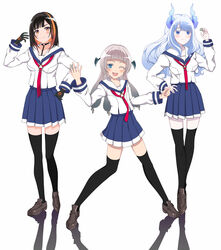  3girls alternate_costume ashieda_lenri black_gloves black_hair blue_eyes blue_hair blue_skirt breasts check_commentary clenched_hand commentary commentary_request creator_connection energy_horns flat_chest genderswap_(mtf) gloves highres horns indie_virtual_youtuber medium_breasts miniskirt multicolored_hair multiple_girls one_eye_closed open_mouth orange_eyes orange_hair pochimaru_(vtuber) riuta rule_63 school_uniform second-party_source serafuku sharp_teeth skirt streaked_hair teeth thighhighs virtual_youtuber yukimaru_kyuu zettai_ryouiki 