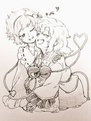  2girls :d ;d blouse buttons closed_eyes commentary frilled_shirt_collar frilled_sleeves frills graphite_(medium) greyscale hair_ornament hairband happy head_tilt heads_together heart heart_button heart_hair_ornament heart_of_string hug komeiji_koishi komeiji_satori long_sleeves looking_at_another medium_hair menotama monochrome multiple_girls no_headwear nuzzle one_eye_closed open_mouth ribbon_trim shirt short_hair siblings sisters skirt smile third_eye touhou traditional_media waist_hug wide_sleeves 