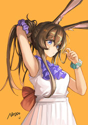  absurdres alternate_costume amiya_(arknights) animal_ears arknights arm_up armpits ascot blue_ascot blue_eyes bow female hair_between_eyes hands_up highres holding holding_own_hair long_hair looking_at_viewer omuretu_(butterroru) orange_bow pleated_skirt ponytail rabbit_ears rabbit_girl scrunchie shirt sidelocks simple_background skirt sleeveless sleeveless_shirt solo tying_hair white_shirt white_skirt wrist_scrunchie 