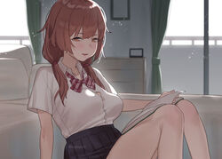  black_skirt blush book bow breasts brown_eyes brown_hair collared_shirt commentary_request curtains diagonal_stripes dress_shirt eyebrows_hidden_by_hair feet_out_of_frame female hair_over_shoulder indoors knees_up long_hair looking_at_viewer low_twintails medium_breasts open_book original pleated_skirt red_bow school_uniform shirt short_sleeves skirt solo striped striped_bow subachi twintails white_shirt window 