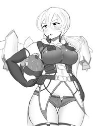  breasts carrying carrying_under_arm earth_defence_force_5 earth_defense_force elbow_gloves female gloves greyscale helmet jetpack large_breasts long_hair maku_ro monochrome short_shorts shorts solo thick_thighs thighs twintails unworn_headwear unworn_helmet white_background wing_diver 