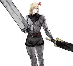  armor blonde_hair blue_eyes braid commentary dual_wielding elden_ring english_commentary female highres holding long_hair looking_to_the_side original simple_background solo sword tarnished_(elden_ring) weapon white_background yourfreakyneighbourh 