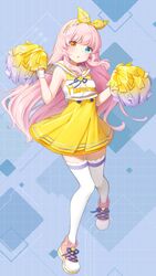  bare_shoulders blue_eyes cheerleader crop_top crop_top_overhang eksistere_kyrenia female flat_chest full_body girl_cafe_gun hair_ribbon hands_up heterochromia high-waist_skirt highres holding holding_pom_poms kinako_(shiratama_mochi) long_hair looking_at_viewer miniskirt official_art orange_eyes parted_lips pink_hair pom_pom_(cheerleading) ribbon sailor_collar shirt shoes skirt sleeveless sleeveless_shirt solo sweatband thighhighs very_long_hair white_shirt white_thighhighs yellow_skirt zettai_ryouiki 