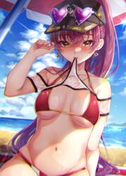  absurdres arrow_through_heart bare_shoulders baseball_cap beach bikini black_hat blue_sky blurry blush breasts breasts_apart cloud commentary_request dakuryuu dangle_earrings depth_of_field earrings eyewear_on_head female hair_between_eyes halterneck hand_up hat heart heart-shaped_eyewear heart_earrings heart_print heterochromia highres hololive houshou_marine houshou_marine_(summer) jewelry large_breasts long_hair looking_at_viewer mouth_hold navel necklace ocean official_alternate_costume official_alternate_hairstyle outdoors ponytail print_bikini red_bikini red_eyes red_hair signature sky solo stomach sunglasses swimsuit virtual_youtuber yellow_eyes 