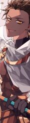  1boy absurdres bishounen brown_hair cape dark-skinned_male dark_skin ear_piercing egyptian_clothes fate/grand_order fate/prototype fate/prototype:_fragments_of_blue_and_silver fate_(series) hair_between_eyes highres holding holding_staff long_sleeves looking_at_viewer male_focus mizuki_(mz) open_mouth ozymandias_(fate) piercing short_hair smile solo staff tall_image white_cape yellow_eyes 