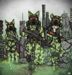  2022 anthro canid canine clothing felid female fox group hazmat_suit jasmine_chevallier_(blacknight655) john_blackwell_(blacknight655) male mammal military_uniform pantherine ruins sasha_kuznotsva_(blacknight655) snow_leopard toxic_gas trio uniform weapon ziegelzeig 