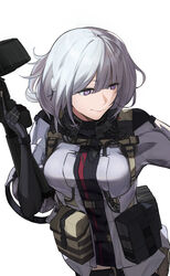  absurdres bad_id bad_pixiv_id black_bodysuit bodysuit breasts closed_mouth female girls&#039;_frontline grey_hair gun hair_ornament hairclip highres holding holding_gun holding_weapon la13 large_breasts light_machine_gun lips purple_eyes rpk-16 rpk-16_(girls&#039;_frontline) short_hair short_sleeves simple_background smile solo tactical_clothes upper_body weapon white_background 