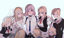  2girls :o aqua_eyes black_choker black_jacket black_pantyhose blonde_hair blue_eyes blue_necktie blush bow bowtie braid bridal_veil centaureissi_(neural_cloud) choker closed_eyes closed_mouth dress feet_out_of_frame french_braid g36_(&quot;sommelier&quot;)_(girls&#039;_frontline) g36_(girls&#039;_frontline) g36_(mini_maid)_(girls&#039;_frontline) g36_(mod3)_(girls&#039;_frontline) g36_(pure_white_cornflower)_(girls&#039;_frontline) gentiane_(girls&#039;_frontline) girls&#039;_frontline girls&#039;_frontline_neural_cloud hairbow harafrontline harem highres jacket long_hair long_sleeves looking_at_another looking_at_viewer maid maid_headdress medium_hair multiple_girls multiple_persona necktie official_alternate_costume open_mouth panties panties_under_pantyhose pantyhose pink_hair ponytail red_bow red_bowtie red_eyes red_necktie shirt short_sleeves smile standing sweatdrop underwear upper_body veil wedding_dress white_background white_dress white_panties white_shirt yuri 