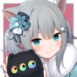  amashiro_natsuki animal_ears aqua_eyes bad_id bad_pixiv_id blue_eyes blush bow cat_ears cat_girl cat_hair_ornament closed_mouth commentary_request female fur_collar grey_hair hair_ornament highres holding long_hair looking_at_viewer multicolored_eyes nachoneko oerba_yun_fang original portrait rainbow_eyes smile two_side_up 