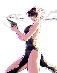  bare_arms bare_shoulders black_dress breasts closed_mouth cowboy_shot dress female from_side gun hair_between_eyes half-closed_eyes handgun highres holding holding_gun holding_weapon large_breasts original purple_dress shiny_skin short_hair simple_background smile smoke smoking_barrel solo two-tone_dress weapon white_background yourfreakyneighbourh 