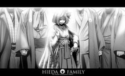  english_text female flower greyscale gun hair_flower hair_ornament hieda_no_akyuu highres holding japanese_clothes kimono koyubi_(littlefinger1988) letterboxed monochrome multiple_boys obi revolver sash scarf short_hair touhou weapon yukata 