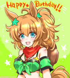  :d animal_ears armband bandana bandeau bare_shoulders bikini bikini_under_clothes blue_eyes blush breasts brown_hair cleavage commentary_request detached_sleeves female front-tie_top green_armband green_background hair_between_eyes hair_ornament happy_birthday horse_ears horse_girl horse_tail kuromori_yako large_breasts long_hair looking_at_viewer midriff open_mouth ponytail short_sleeves smile solo star_(symbol) star_hair_ornament strapless swimsuit taiki_shuttle_(umamusume) tail tube_top umamusume upper_body 