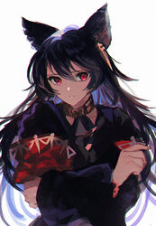  animal_ears bad_id bad_twitter_id bags_under_eyes black_hair breasts crossed_arms ear_piercing erune female granblue_fantasy hair_between_eyes long_hair long_sleeves looking_at_viewer nier_(granblue_fantasy) parted_lips piercing red_eyes simple_background solo ueauwa white_background 